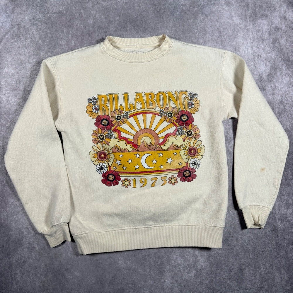 Billabong Womens XS Cream 1973 Floral Sun Graphic Sweatshirt Pullover Cozy Boho